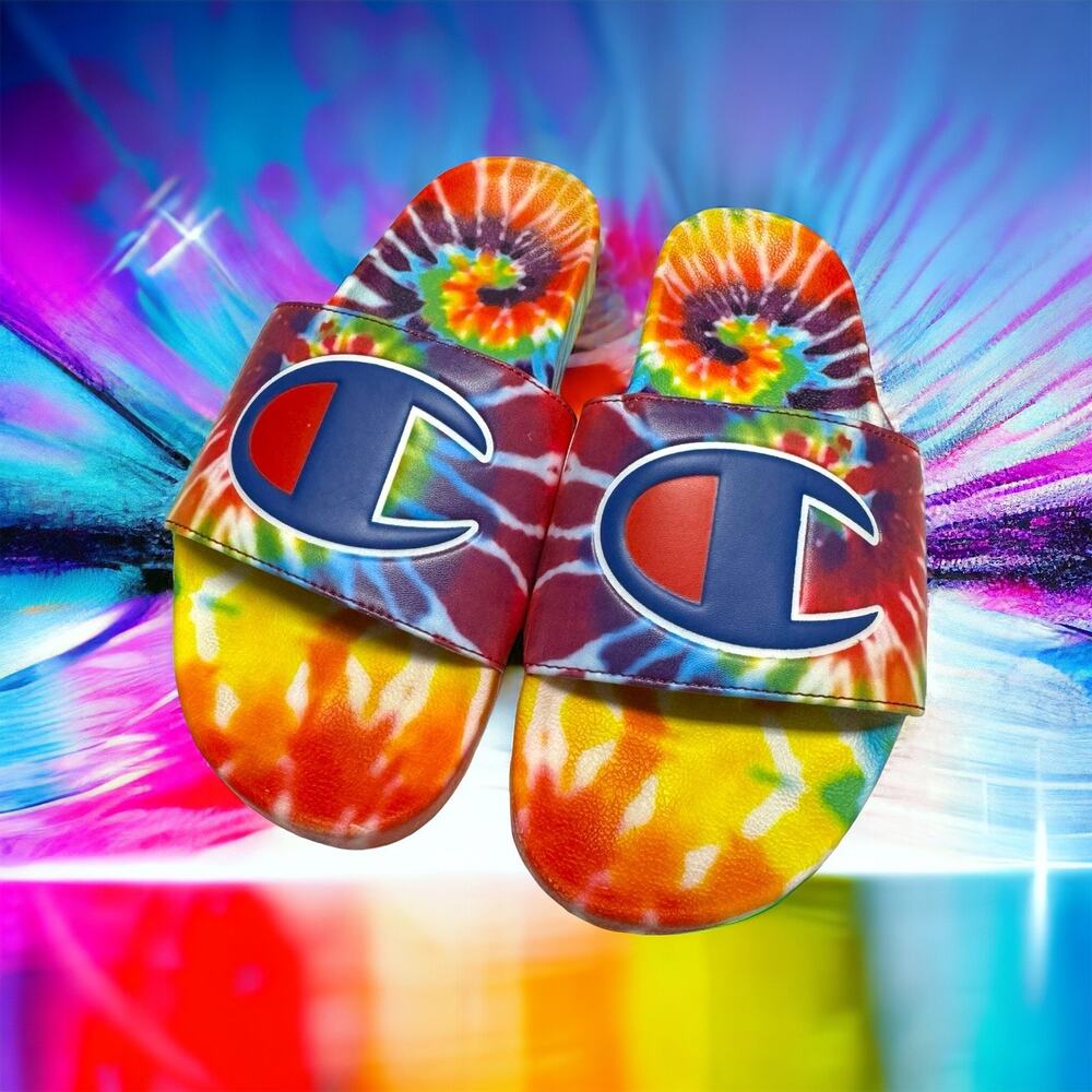 Champion Unisex Sandals Sz 5 Boys Girls Rainbow IPO Slides Tie Dye‎ PRIDE